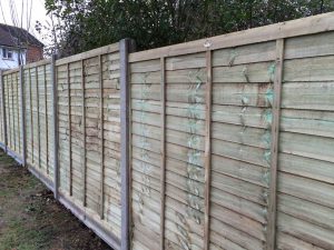 Six-foot lap fencing with concrete posts and gravel boards.